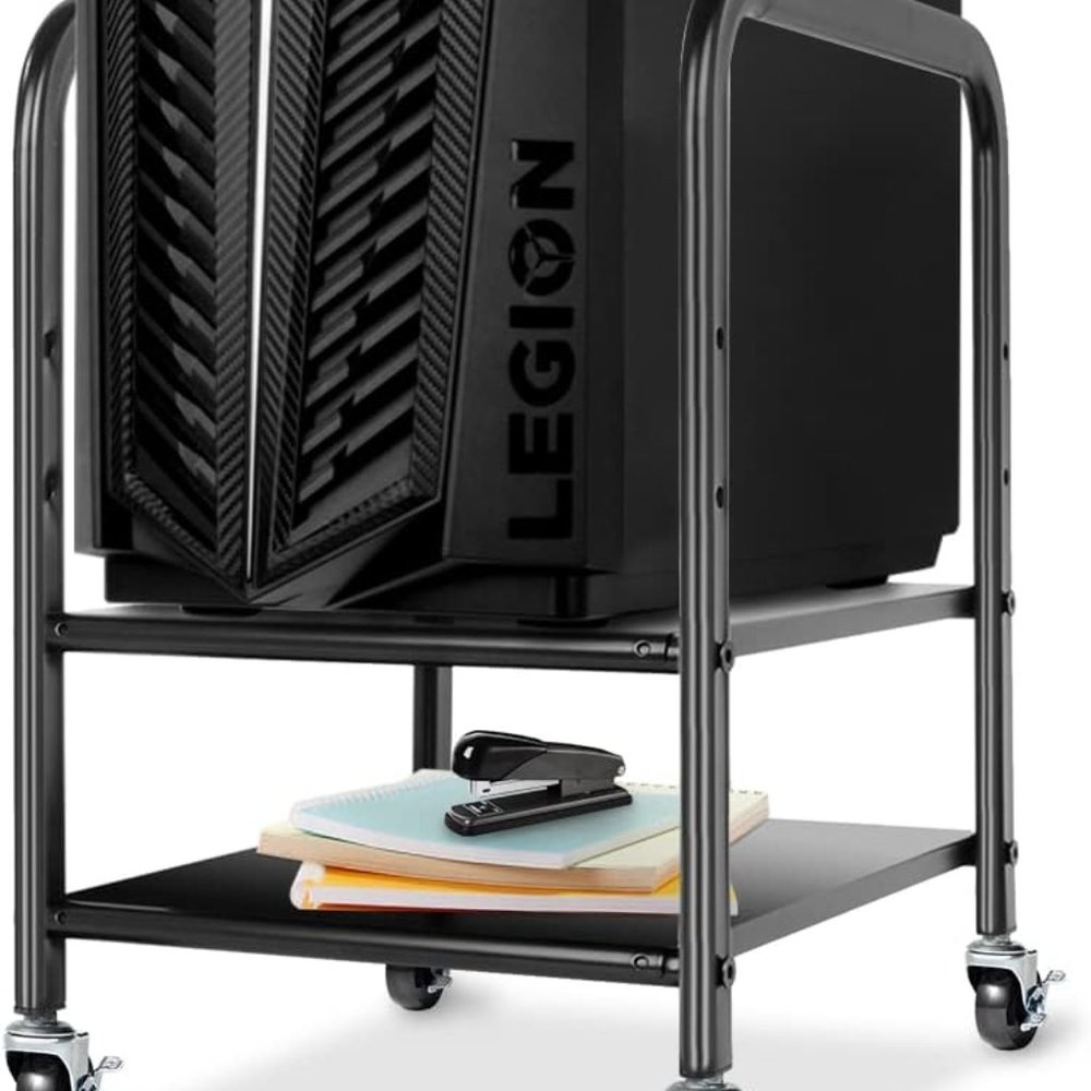 Two-Tier Height Adjustable Black, Round Computer Stand with Locking Wheels